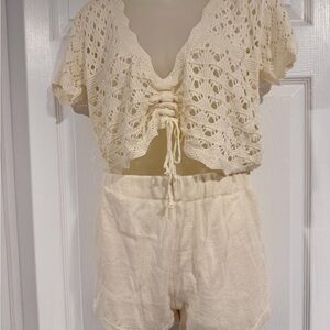 SHEIN Cream Crochet Drawstring Swim Coverup Top and Shorts Set